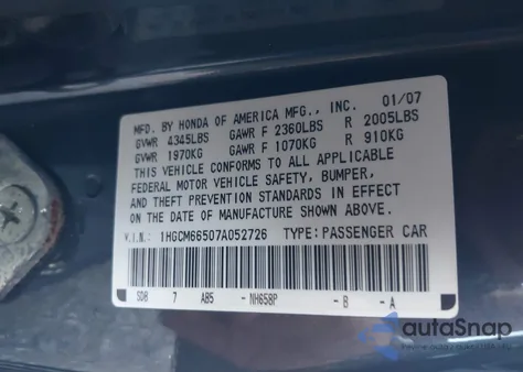 2007 Honda Accord 3.0 Ex z USA, uszkodzony, nr VIN 1HGCM66507A052726